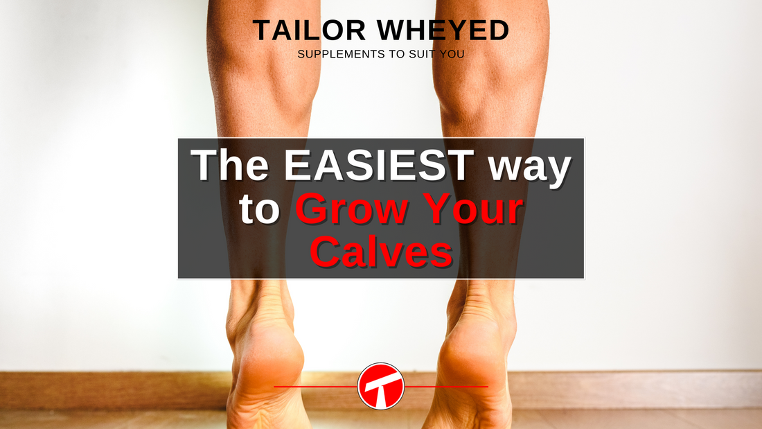 A close up of a females lower legs while she flexes her calves with text overlayed reading "The Easiest way to Grow your Calves".