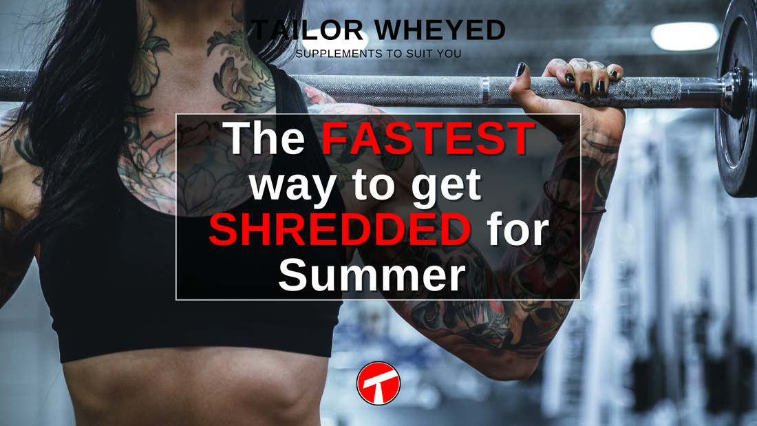 A female with tattoos holding a barbell behind her neck with an overlayed caption reading "The FASTEST way to get  SHREDDED for Summer"