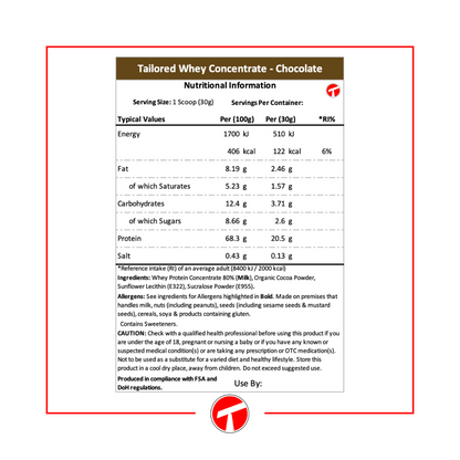 Tailor Wheyed - Tailored Whey Protein Concentrate Chocolate Flavour Nutritional Facts Panel
