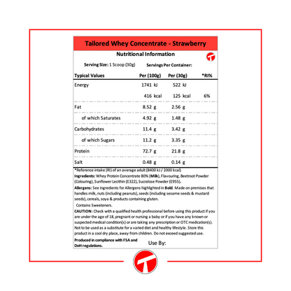 Tailor Wheyed - Tailored Whey Protein Concentrate Strawberry Flavour Nutritional Facts Panel